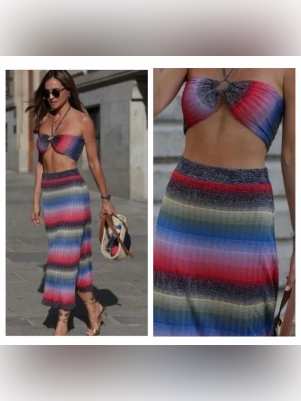 Zara Limited Edition Colorful Striped Silvery Matching Maxi Skirt/Halter Top Set